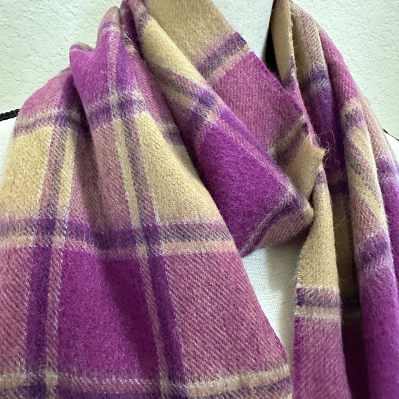 Phenix  Plaid Wool Scarf  Fringe Purple & Tan - Picture 4 of 5